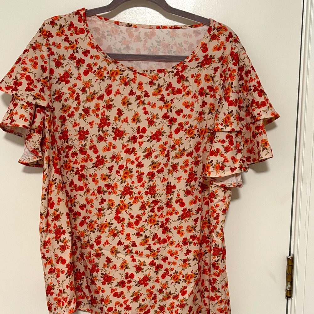 SHEIN Red and Orange Floral Ruffle Blouse